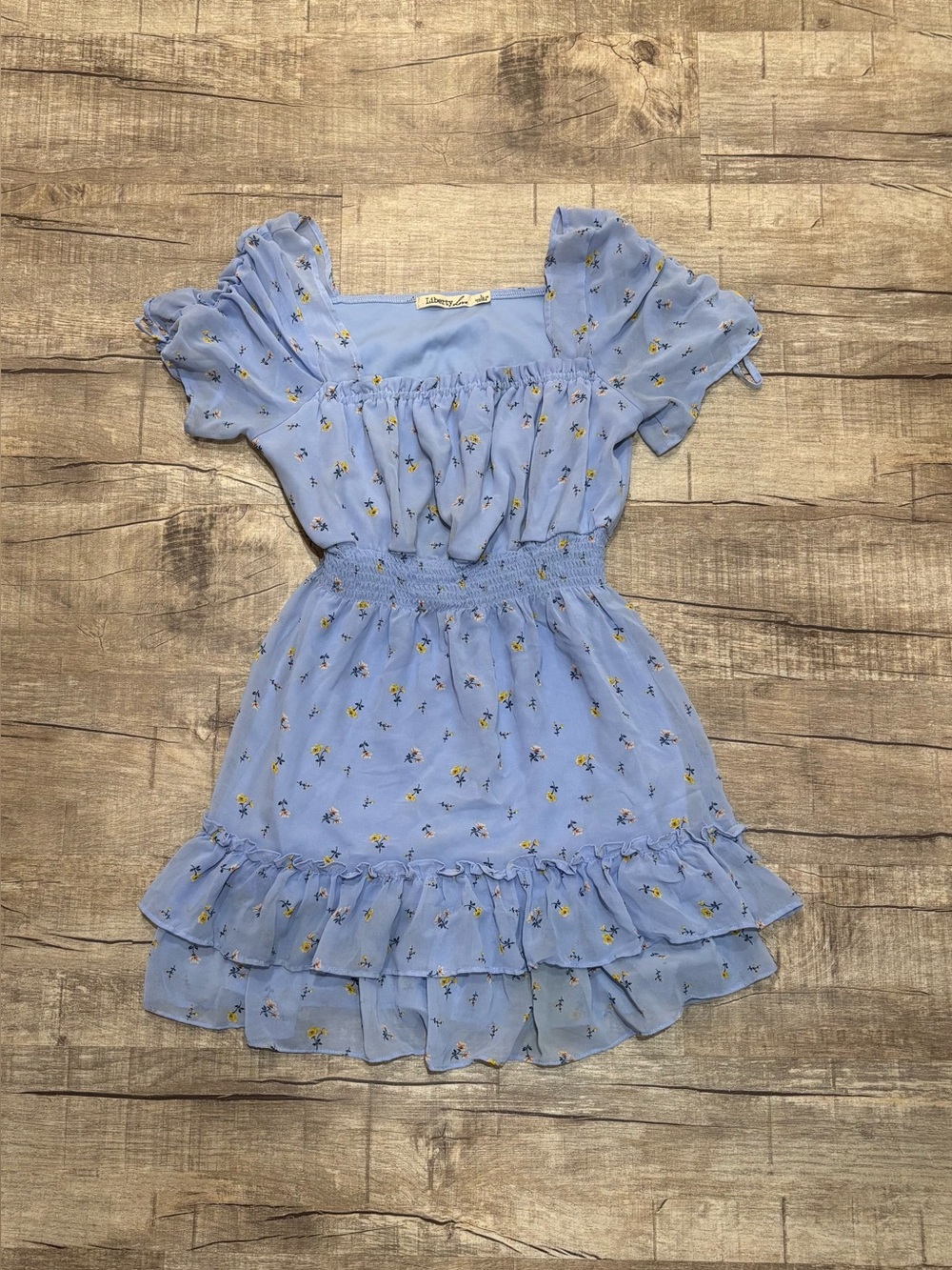 Liberty Love Light Blue Floral Smocked Waist Ruffle Dress